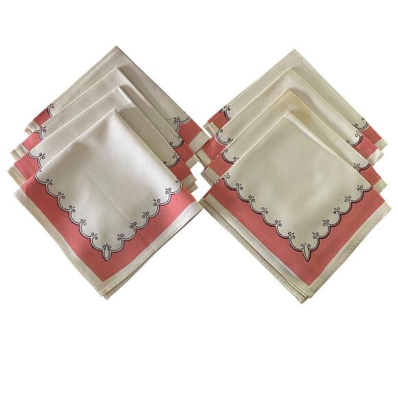 Lot of 8 Cloth Napkins Ivory Pink Black 16" x  15" Cotton Dining Vintage - Picture 4 of 4